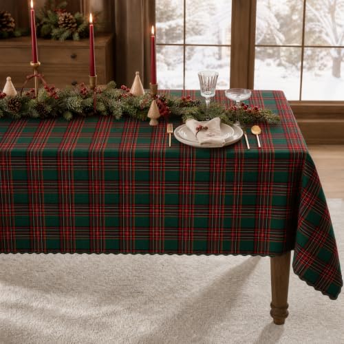 Christmas Tartan Plaid Tablecloth for 6 Foot Rectangular Tables - Green & Red, 55 x 84 Inches