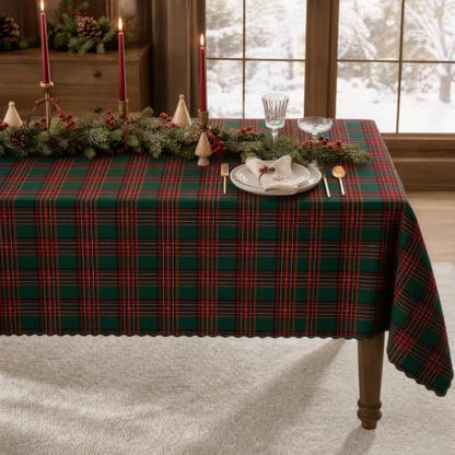 Christmas Tartan Plaid Tablecloth for 6 Foot Rectangular Tables - Green & Red, 55 x 84 Inches