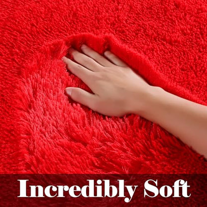 Red Fluffy Area Rug for Bedroom Living Room 4x6 Bedside Rug - Non-slip