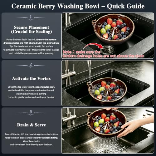 Ceramic Berry Washing Bowl with Auto-Spin Swirl Drainage - Rinse & Serve Fresh Fruits