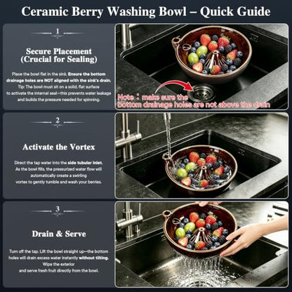 Ceramic Berry Washing Bowl with Auto-Spin Swirl Drainage - Rinse & Serve Fresh Fruits