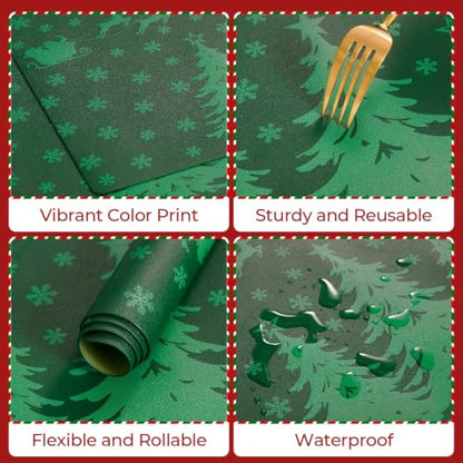 Christmas Vinyl Placemats Set of 6 - Green, Rectangular, 12 x 17 Inches - Holiday Table Decor