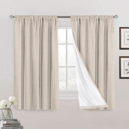 PrinceDeco Blackout Curtains 63 Inches Long 100% Blackout Curtains for Bedroom Rod Pocket Linen Textured Curtains Energy Saving with White Liner, 2 Panels(52 x 63 Inch, Natural)