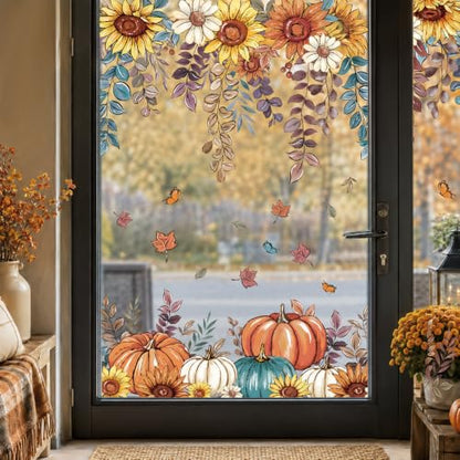 Fall Sunflower Pumpkin Window Clings Set - Autumn Glass Decor, 8 Sheets