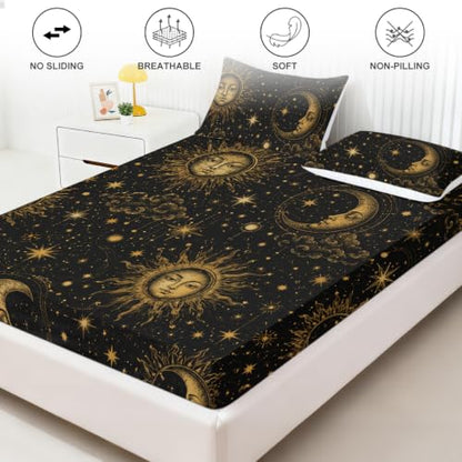 Galaxy Fitted Sheet Set King Space Bedding with Sun Moon Stars - Gold Sun Moon / King