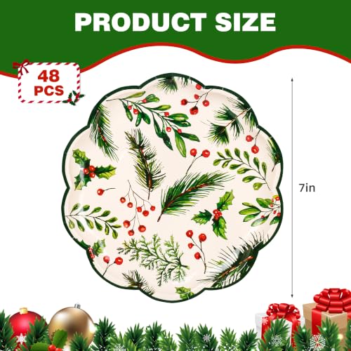 Holly Berry Christmas Paper Plates - 7 Inch Scalloped Holiday Party Disposables