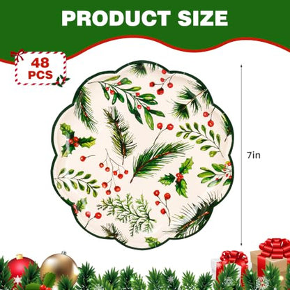 Holly Berry Christmas Paper Plates - 7 Inch Scalloped Holiday Party Disposables