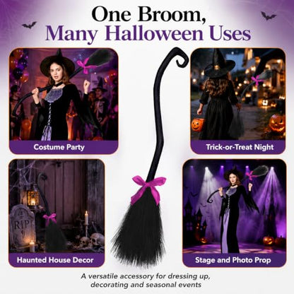 Halloween Witch Broomstick with 3 Ribbons - 50 Inch Costume Prop & Decor Set