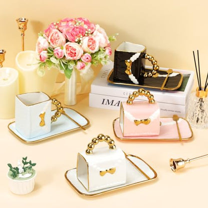 Stylish Purse Tea Cup Set of 4 with Saucer & Spoon - Handbag Coffee Mug