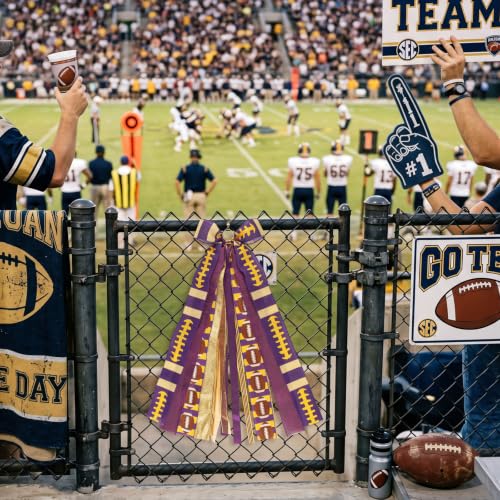 Football Wreath Sash - Purple Gold Ribbon Bow for Game Day Decor - Variation of Purple Gold