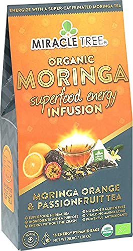 Miracle Tree's Moringa Energy Tea - Orange & Passionfruit | Super Caffeinated Blend | Healthy Coffee Alternative, Perfect for Focus | Organic Certified & Non-GMO | 3 X 16 Pyramid Sachets