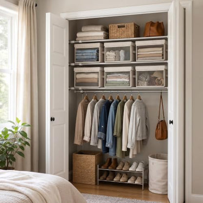 Large Fabric Storage Bins with Lids - Khaki & Beige Stripes, Collapsible Closet Organizers