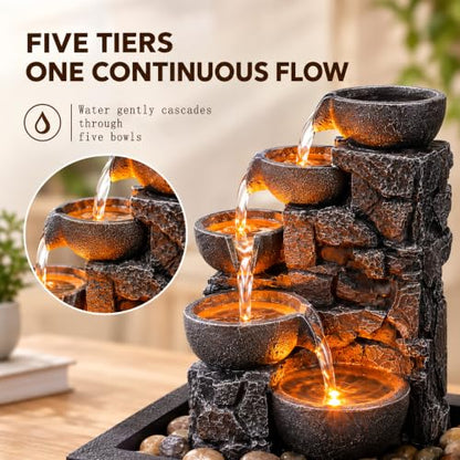 Tabletop Water Fountain 5-Tier Indoor Waterfall with LED Lights - Relaxing Decor