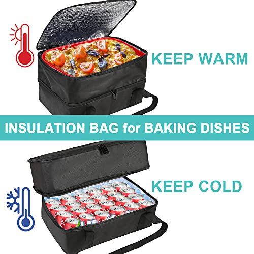 Bodaon Insulated Double Casserole Carrier Bag, Fits 9x13 and 11x15 Inch Baking Dish with Lid, Casserole Carriers for Hot or Cold Food for Transport (Black)