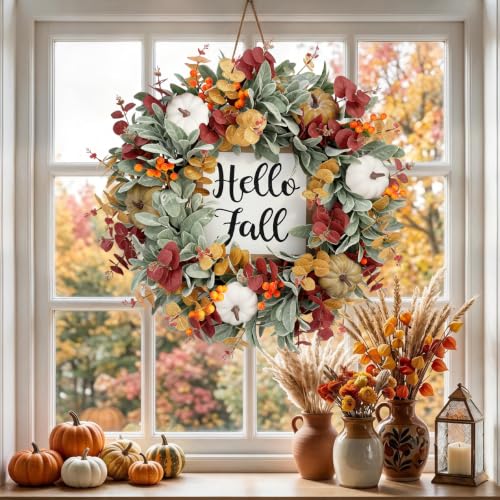 26 Inch Fall Wreath for Front Door with Hello Fall Sign - Rustic Autumn Decor