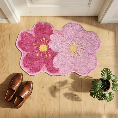 Pink Cute Flower Bath Rug 20x32 Inch Non-Slip Absorbent Bathroom Mat - Cherry Variation