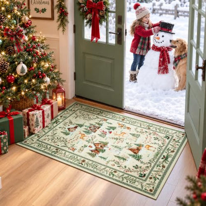 Beige Area Rug 2x3 Feet for Entryway, Kitchen & Bathroom - Christmas Design