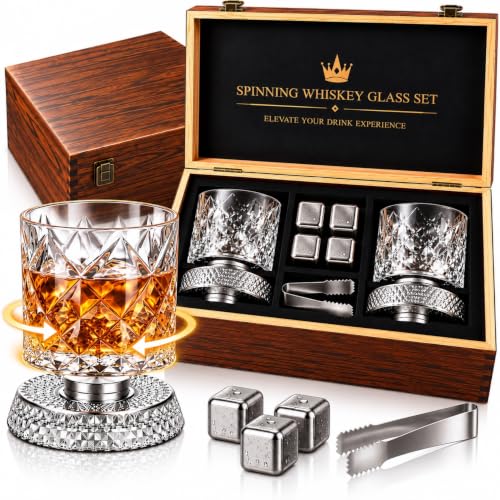 Clear Rotating Whiskey Glasses Set of 2 - 360° Crystal Bourbon Tumblers with Wooden Gift Box