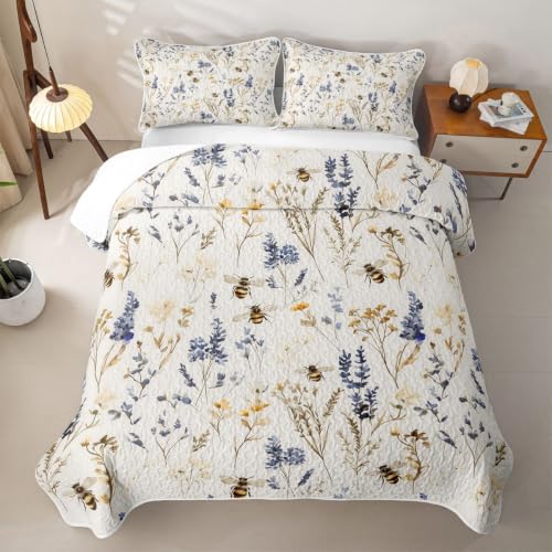 Wild Blue Floral King Quilt Bedding Set - Soft Breathable Polyester
