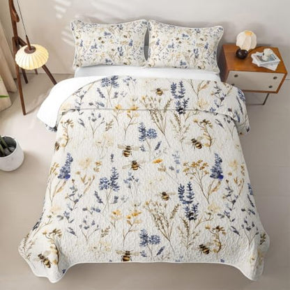 Wild Blue Floral King Quilt Bedding Set - Soft Breathable Polyester