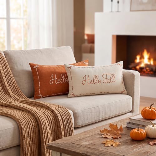 Embroidered Fall Pillow Cover 12x20 Beige - Farmhouse Thanksgiving Decor