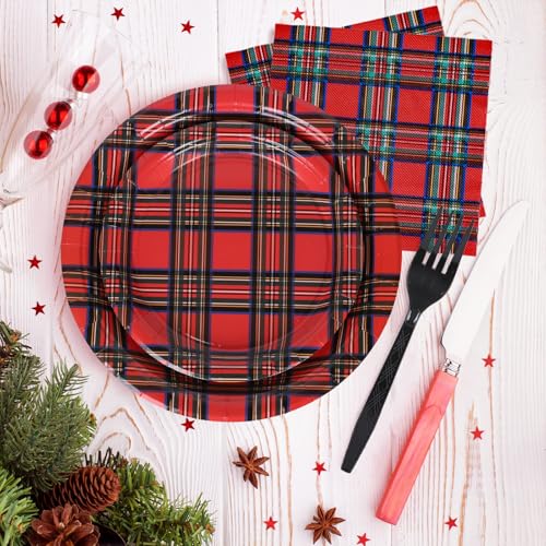 Whaline Christmas Plaid Disposable Tableware Set for 24 Guests - Red Gingham Party Supplies