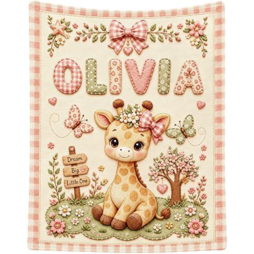 Personalized Baby Blanket with Name - Giraffe Design, Soft Plush, Custom Size