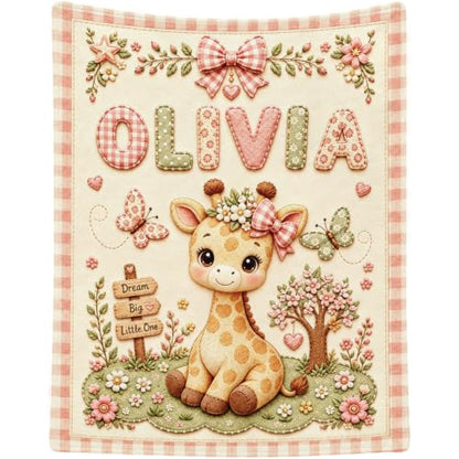 Personalized Baby Blanket with Name - Giraffe Design, Soft Plush, Custom Size
