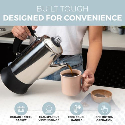 12-Cup Electric Coffee Percolator Stainless Steel Easy Use & Keep Warm