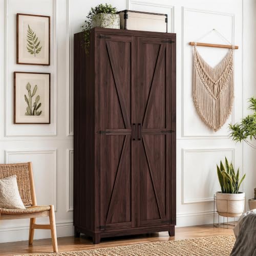 Tall Wooden Wardrobe Closet with Doors, Espresso Finish - 70"