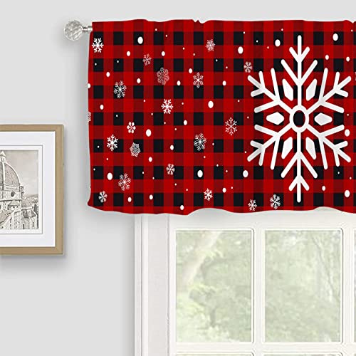 Snowflake Christmas Valance Curtain for Kitchen Window - Red Black Buffalo Check Plaid - 18x54 Inch - Pack of 1