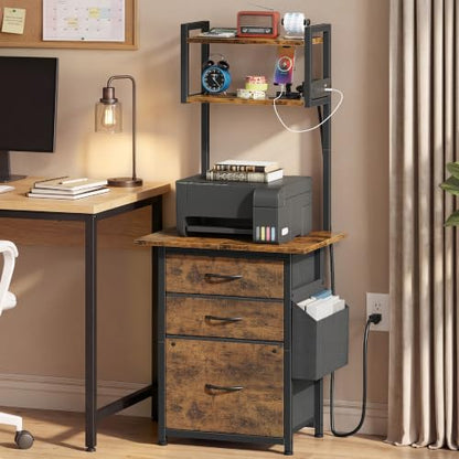 Rustic Brown 49-Inch Tall 3-Drawer File Cabinet with Charging Station