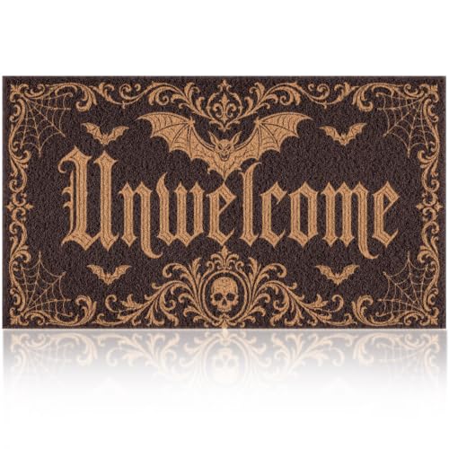Halloween Front Door Mat Gothic Bat Skull Doormat with Unwelcome Design - Bat Variation