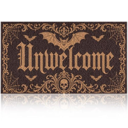 Halloween Front Door Mat Gothic Bat Skull Doormat with Unwelcome Design - Bat Variation