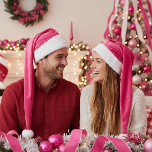 Pink Plush Santa Hat Set - Long Style Christmas Party Hats, 6 Pack