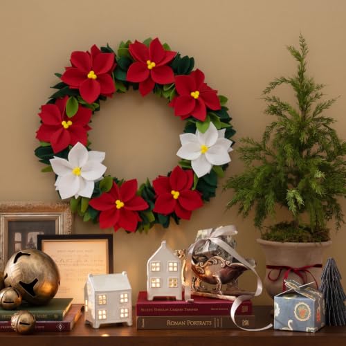 18-Inch Felt Poinsettia Wreath - Red & White Floral Holiday Decoration (Variation: Red / Red White Flower)