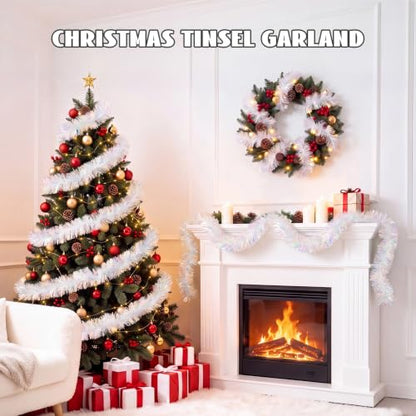 Rainbow White Iridescent Christmas Tinsel Garland 33FT for Holiday Decor