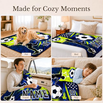 Personalized Soccer Blanket for Boys - Green Team Gift, Custom Kids Throw