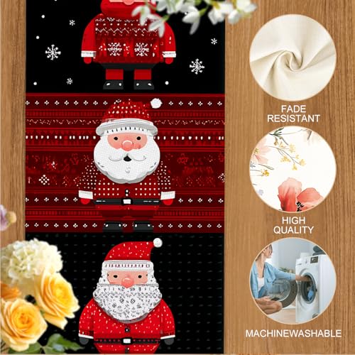 Christmas Table Runner and Placemats Set with Santa Claus Variation - 7 Pieces, Buffalo Plaid, Snowman, Deer, Holiday Kitchen Decor