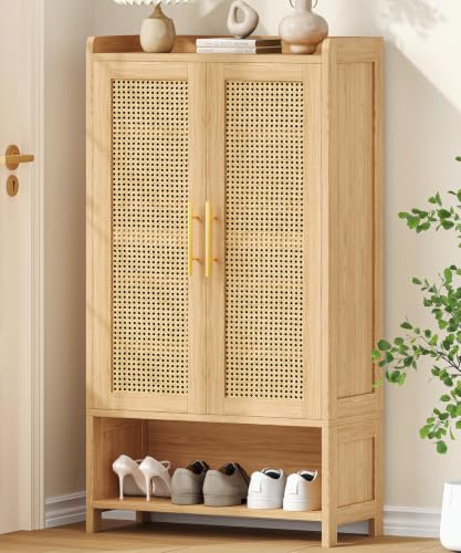 Keehusux Rattan Shoe Cabinet with Doors & Adjustable Shelves - Natural Oak