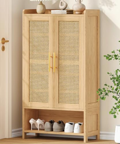 Keehusux Rattan Shoe Cabinet with Doors & Adjustable Shelves - Natural Oak