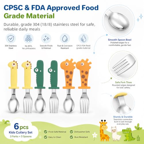 Mixed Color Kids Silverware Set for Lunch Box - 6 Piece Stainless Steel Toddler Flatware - BPA-Free, Dishwasher Safe, Gift Ready