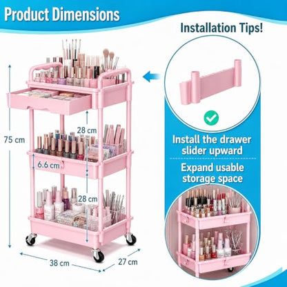 Pink 3-Tier Rolling Makeup Organizer with Removable Drawer and Wheels