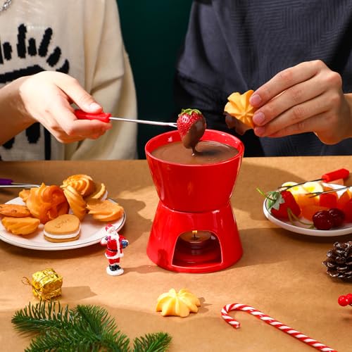 Ceramic Fondue Mug Set with 24 Forks - Red & White 6-Piece Kitchenware