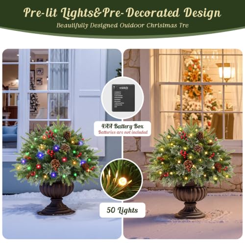 18Inch Artificial Christmas Urn Filler with Pre-Lit Tree and Decorations - Outdoor Holiday Decor