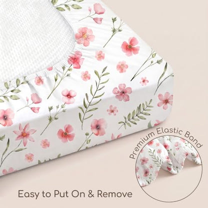 Pink Floral Baby Crib Sheets 3 Pack Fitted 52x28 Inches for Boys Girls