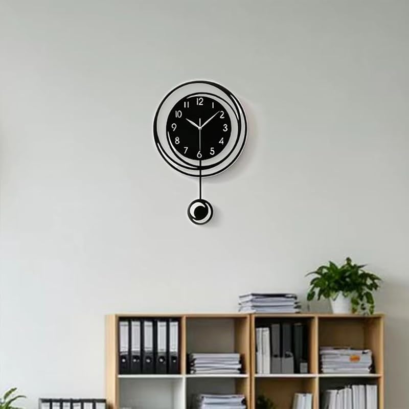 Wall Clock with Silent Quartz Movement - Modern Black & White Pendulum Design