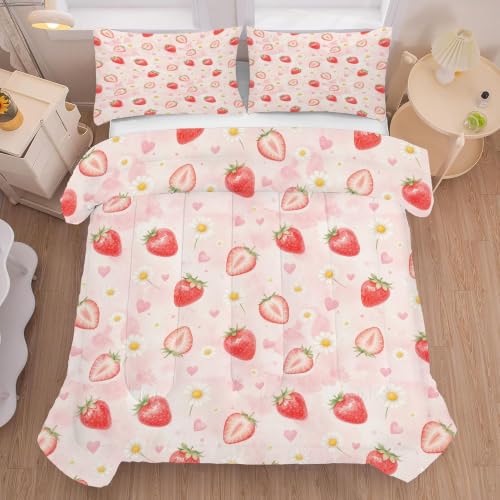 Twin Pink Strawberry Comforter Set for Girls Kids Teens - Kawaii Floral Bedding