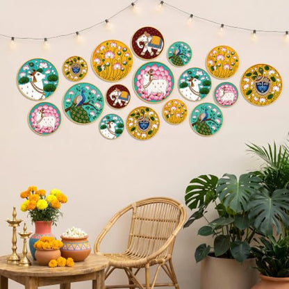 Indian Pichwai Wall Art Set - 18 Decorative Round Plates for Home & Diwali Decor - Variation of Pichwai