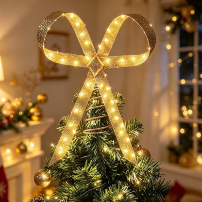 Gold Glitter LED Christmas Tree Topper Bow with 8 Light Modes, Waterproof